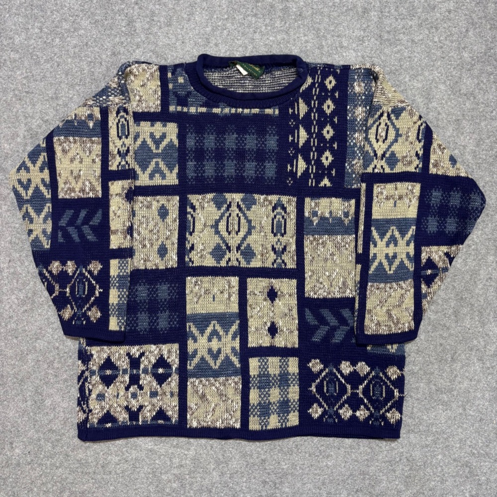 Vintage Dana Scott Patchwork Geometric Knit Sweater Navy Blue Large Made in USA